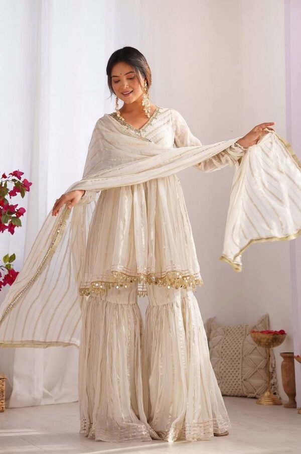 Gold White Designer Sharara Suit Set
