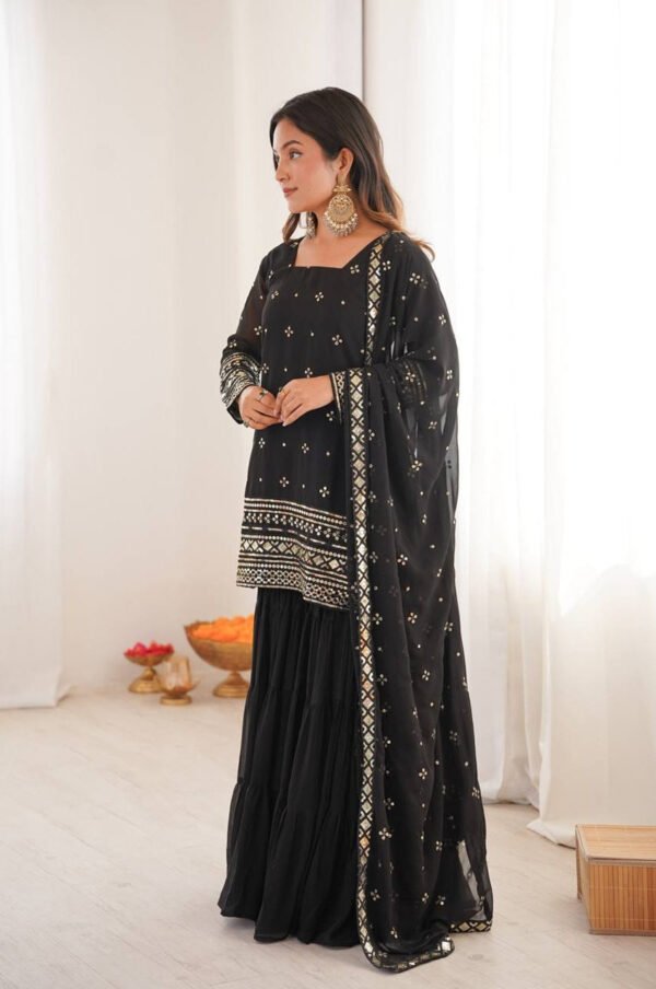 Black Sequin Work Ruffle Sharara Suit Set