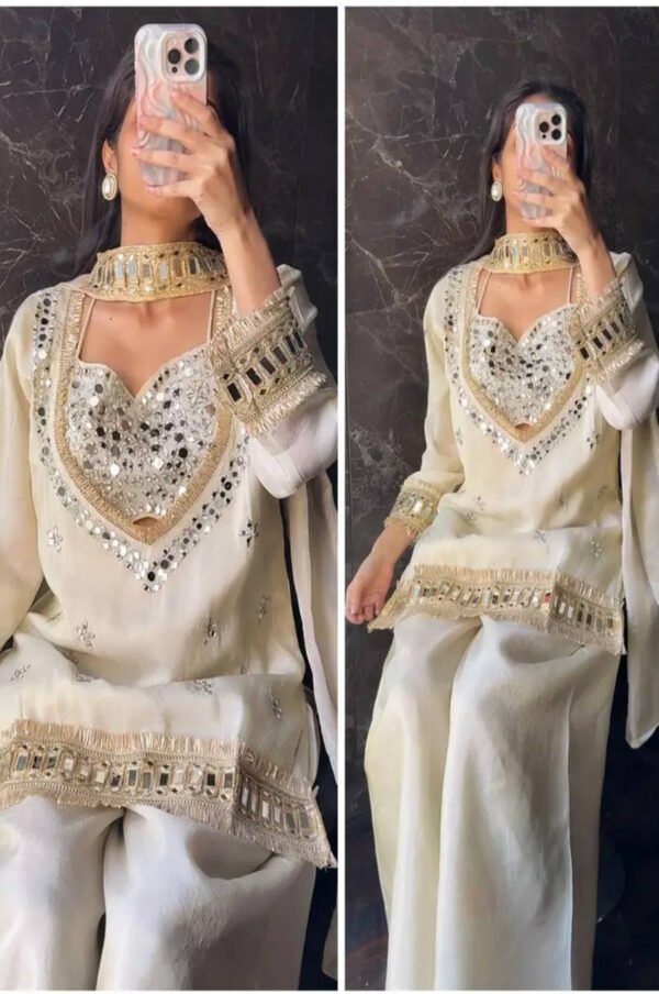 Off White Mirror Work Palazzo Suit
