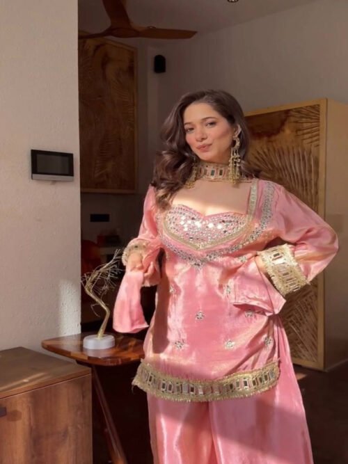 Pink Fendy Silk Sharara Suit with Real Mirror Work