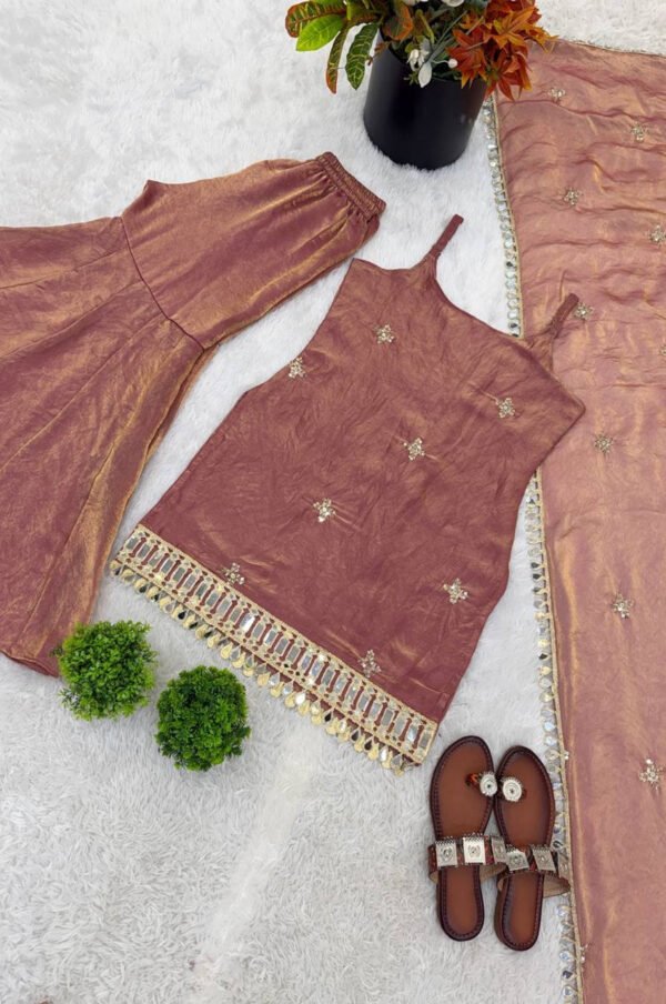 Rust Brown Fendy Silk Sharara Suit with Real Mirror