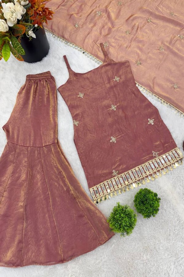 Rust Brown Fendy Silk Sharara Suit with Real Mirror