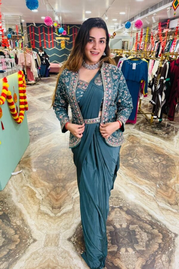 Steel Blue Rangoli Silk Ready-to-Wear Saree with Embroidered Blouse, Koti