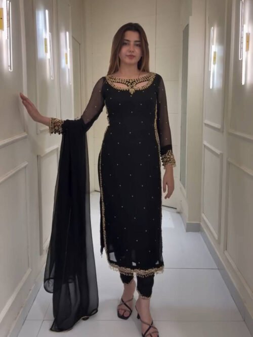 Black Color Designer Suit Set with Pearl Moti Work