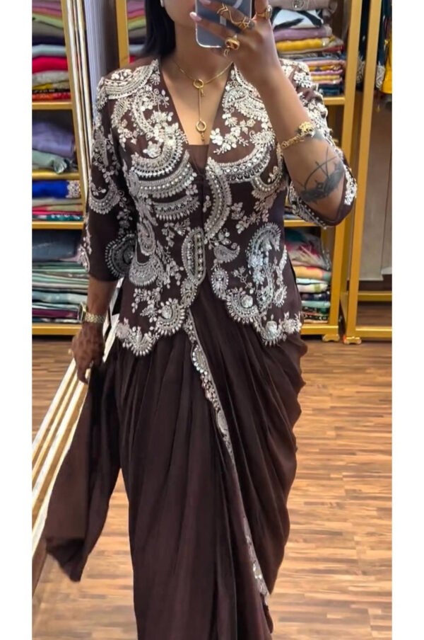 Elegant Brown Indo-Western Drape Saree Set