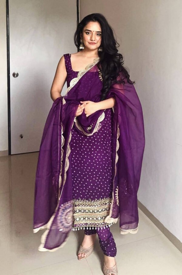Purple Bandhej Mirror Work Kurti Set