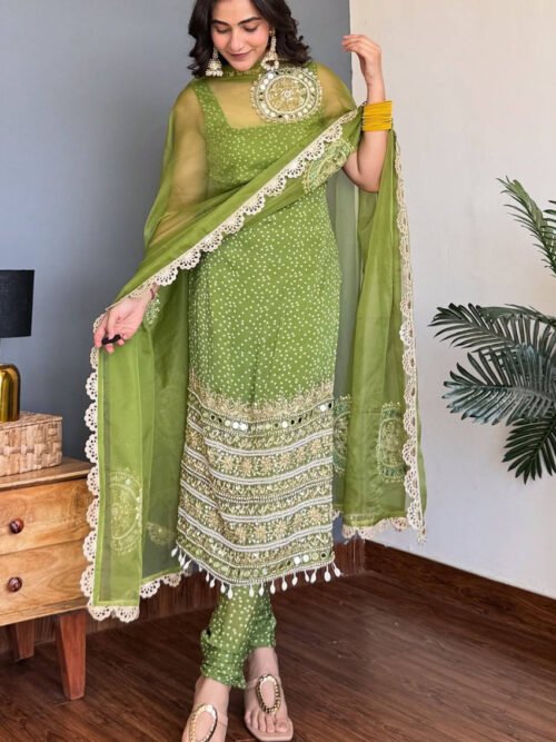 Moss Green Bandhej Mirror Work Kurti Set