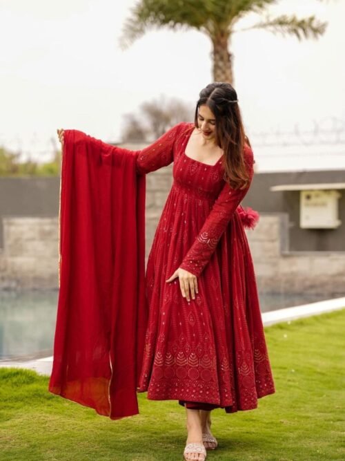 Maroon Anarkali Suit Set: Embroidered & Georgette Fabric