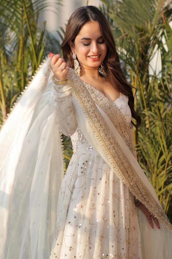 Luxurious White Gown with Sequence Work & Dupatta