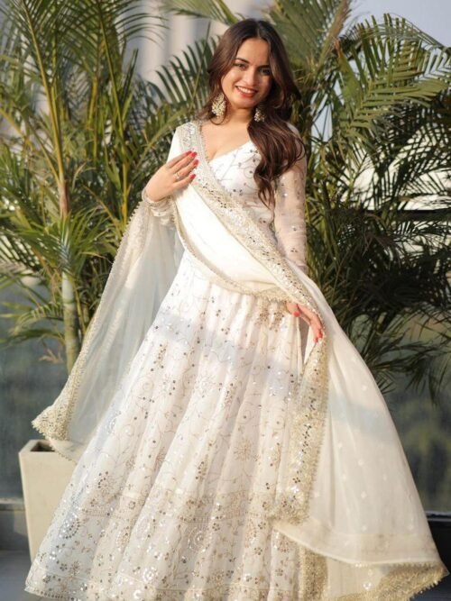 Luxurious White Gown with Sequence Work & Dupatta