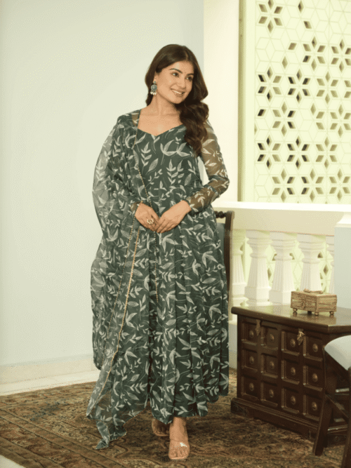 Elegant Green Tebby Organza Printed Anarkali Set