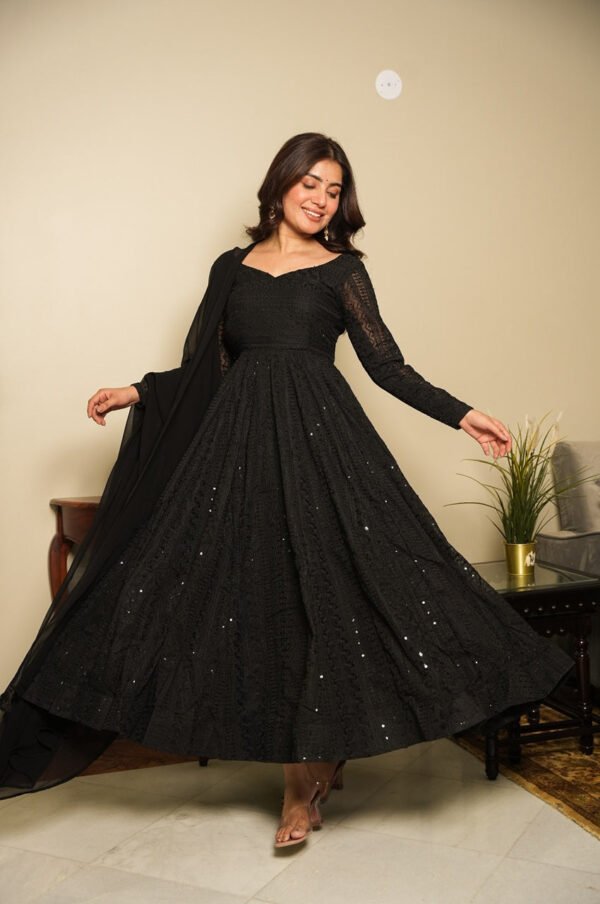 Black Georgette Lucknowi Work Anarkali Suit Set