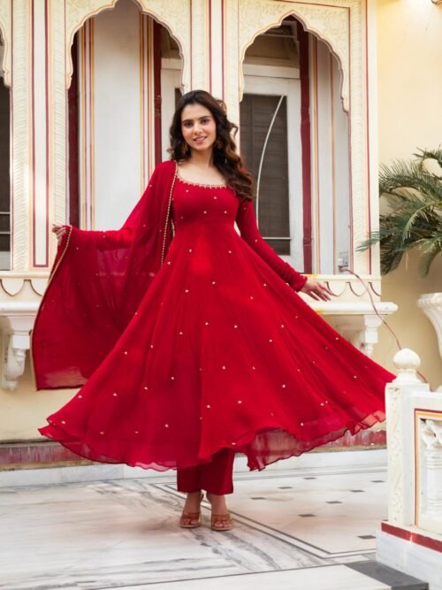 Radiate Elegance in This Red Hand Work Anarkali Suit
