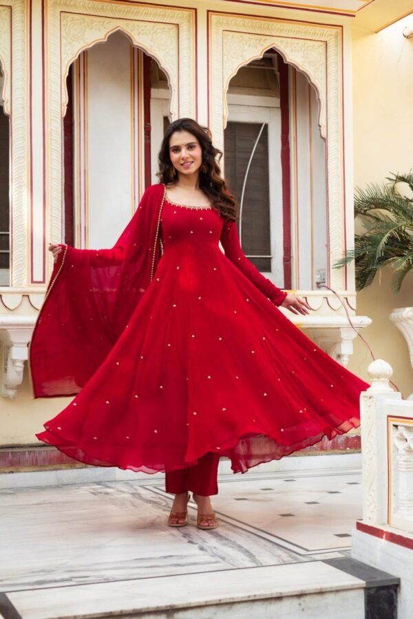Radiate Elegance in This Red Hand Work Anarkali Suit