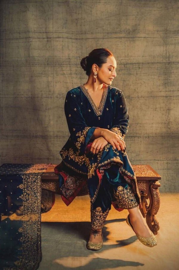 Sonakshi Sinha Inspired Rama Green Velvet Kurta Set
