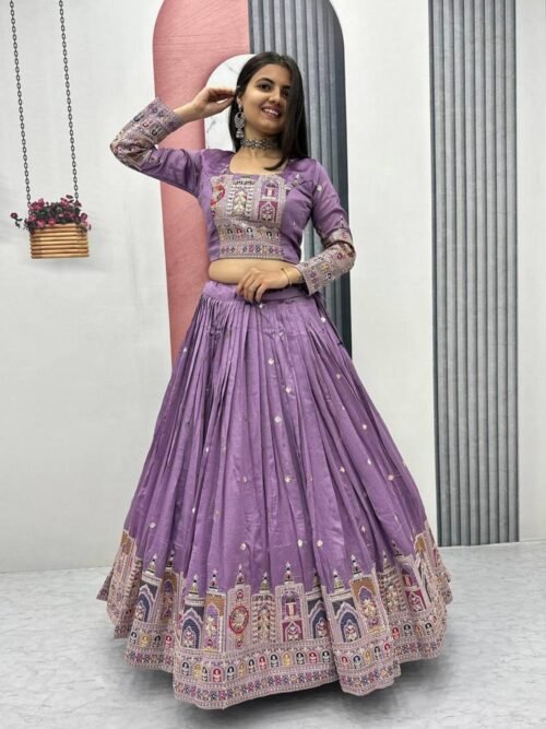 Mauve Embroidered Vichitra Silk Lehenga Choli