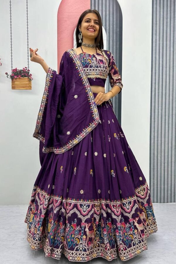 Purple Embroidered Vichitra Lehenga Choli