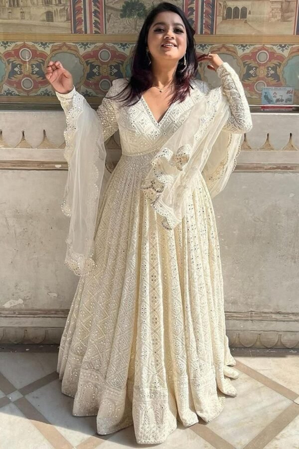 Luxurious White Georgette Anarkali Suit Set with Lakhnawi Work