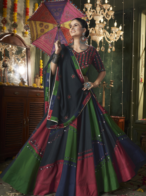 Multi Color Thread Mirror Embellished Maslin Cotton Lehenga Set