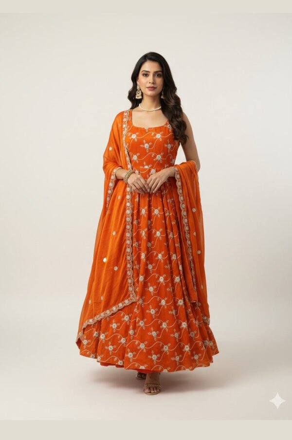 Elegant Orange Fandy Silk Anarkali Set