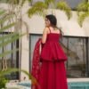 Cherry Red Tabby Organza Mukesh Work Palazzo Suit
