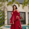 Cherry Red Tabby Organza Mukesh Work Palazzo Suit