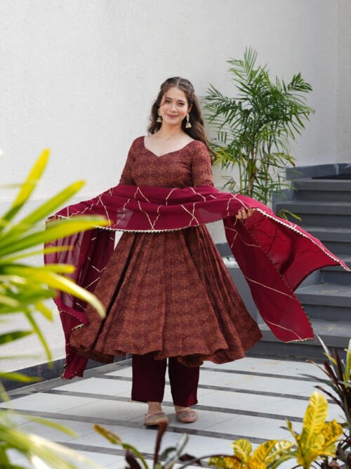Maroon Cotton Ajrakh Print Anarkali Suit Set