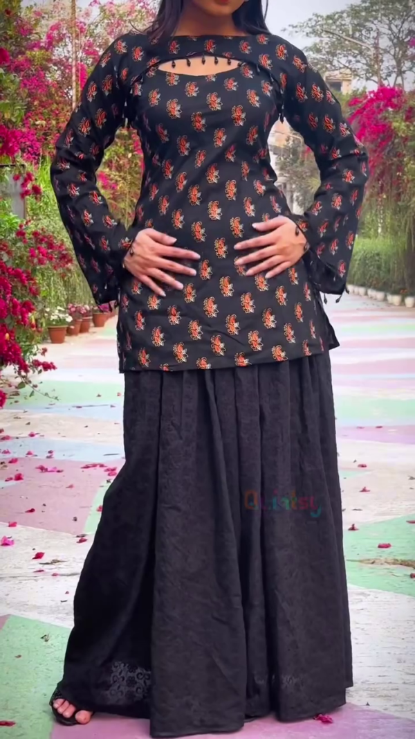 Fusion Glam – Black & Red Paisley Corset Kurti with Chikankari Plazo