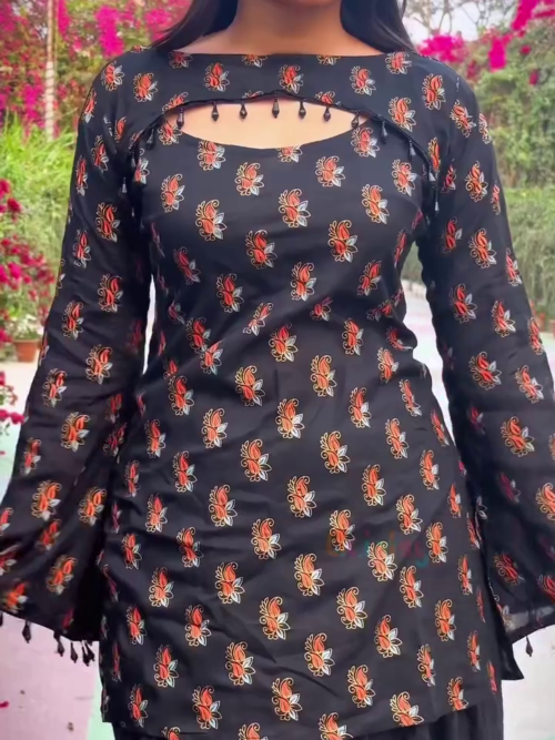 Fusion Glam – Black & Red Paisley Corset Kurti with Chikankari Plazo