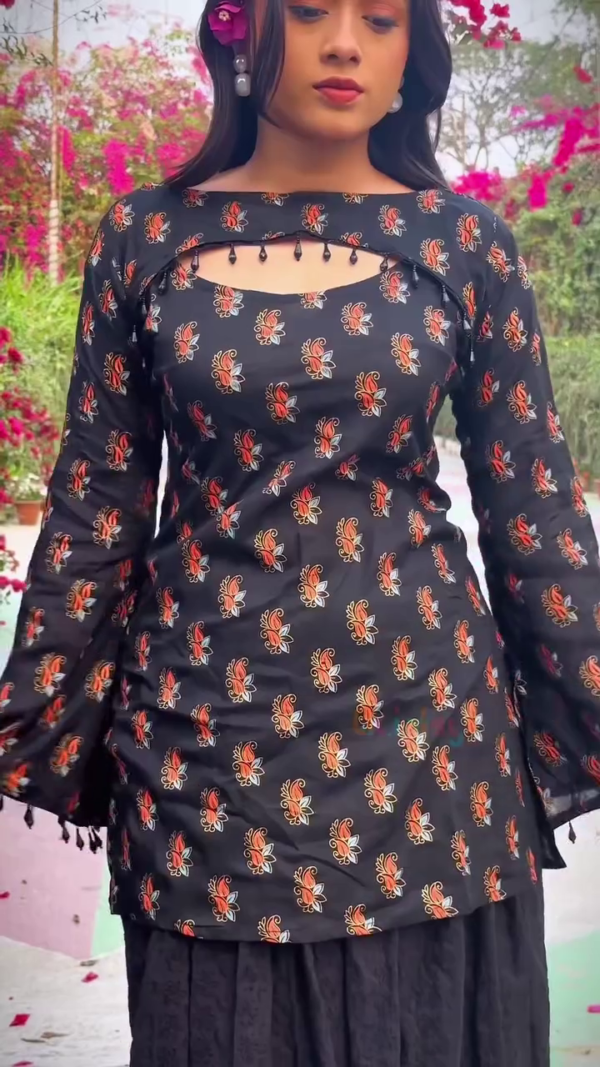 Fusion Glam – Black & Red Paisley Corset Kurti with Chikankari Plazo