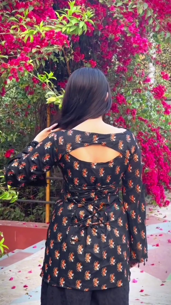 Fusion Glam – Black & Red Paisley Corset Kurti with Chikankari Plazo