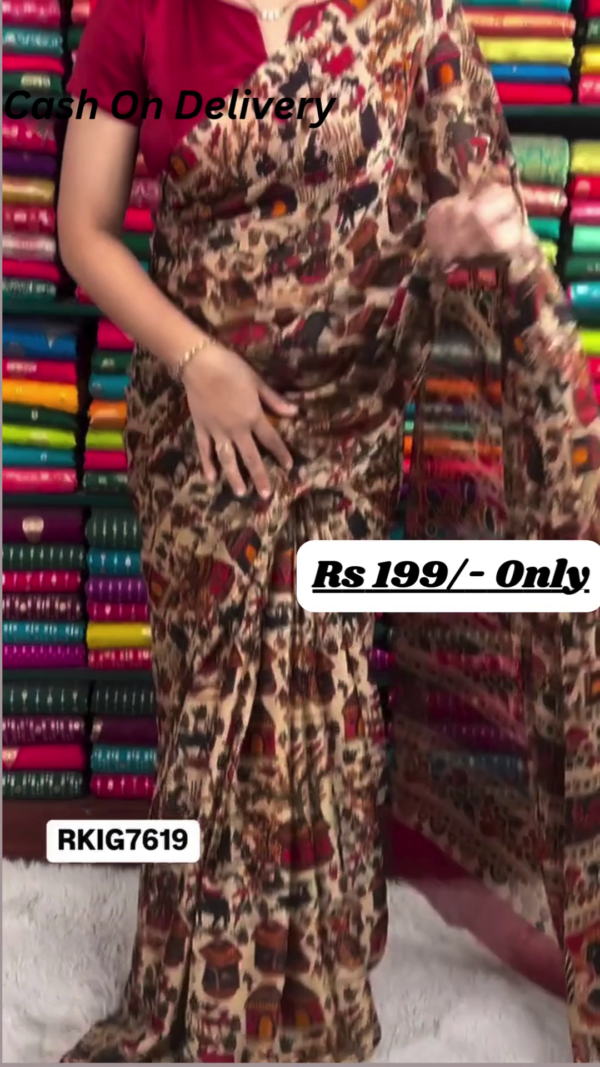 Elegant Chiffon Crepe Kalamkari Print Wheat, Black, and Maroon Red Saree – A Perfect Blend of Tradition and Style