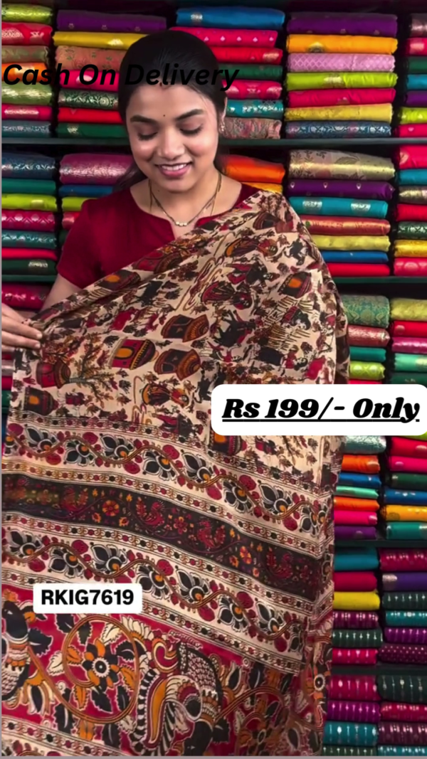 Elegant Chiffon Crepe Kalamkari Print Wheat, Black, and Maroon Red Saree – A Perfect Blend of Tradition and Style