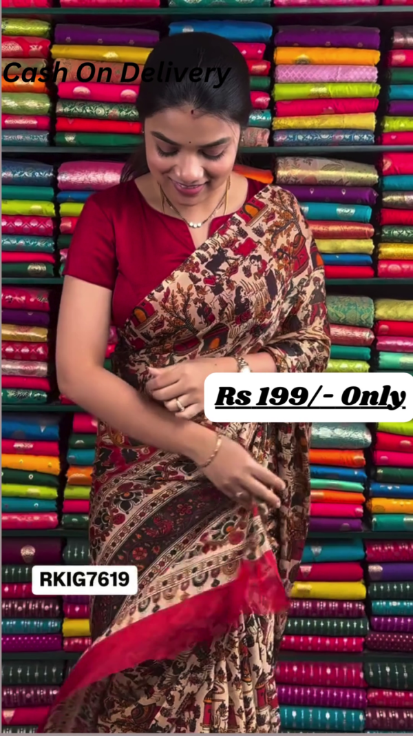 Elegant Chiffon Crepe Kalamkari Print Wheat, Black, and Maroon Red Saree – A Perfect Blend of Tradition and Style