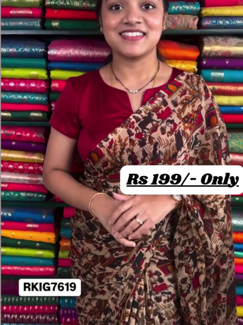 Elegant Chiffon Crepe Kalamkari Print Wheat, Black, and Maroon Red Saree – A Perfect Blend of Tradition and Style