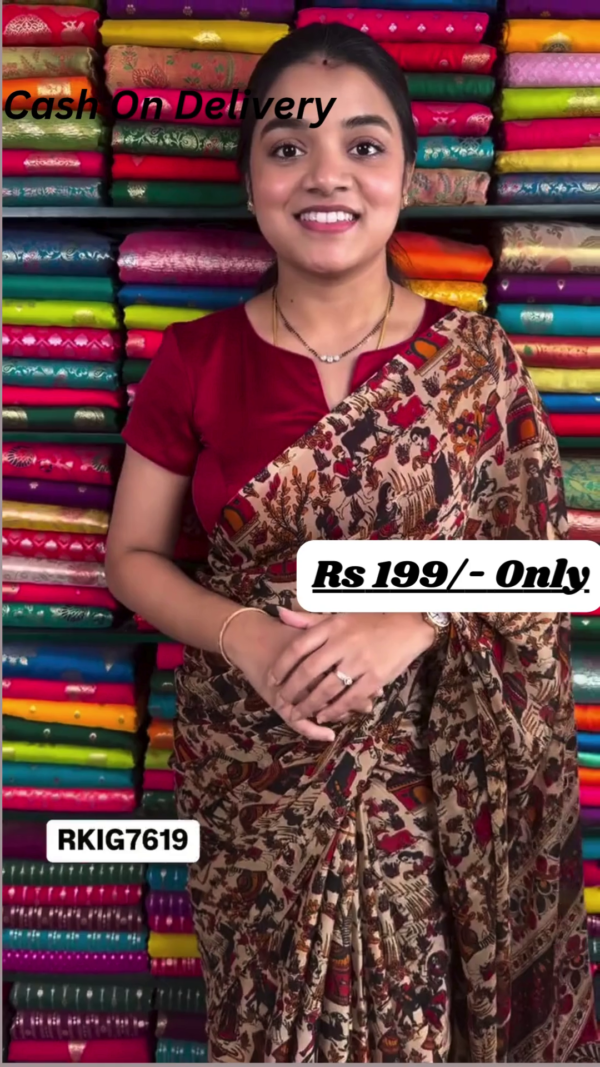 Elegant Chiffon Crepe Kalamkari Print Wheat, Black, and Maroon Red Saree – A Perfect Blend of Tradition and Style