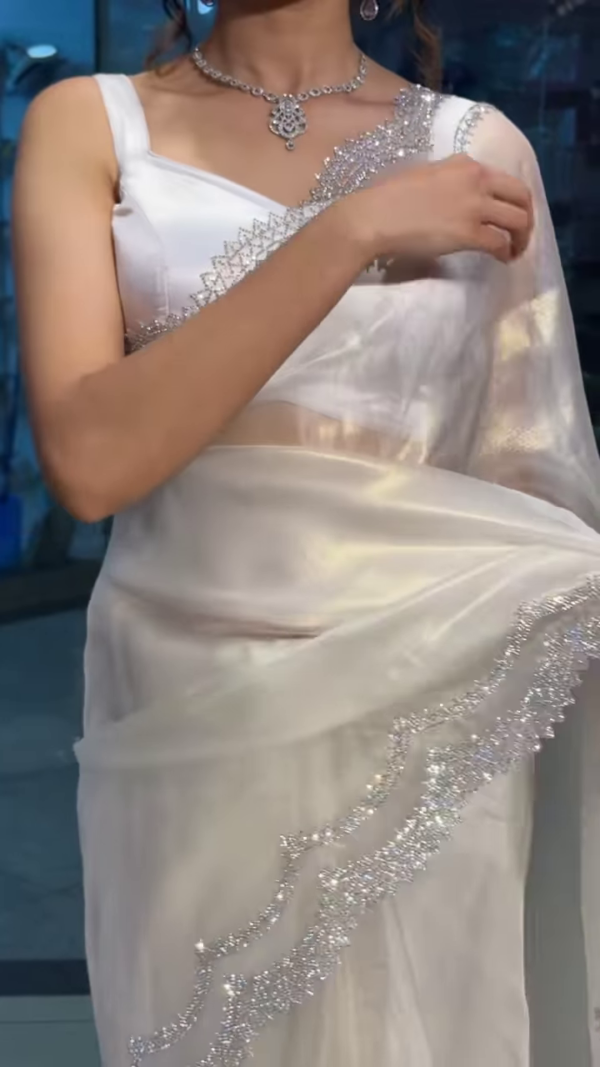 Moonlit Elegance: Pearl White Crystal-Embellished Designer Saree