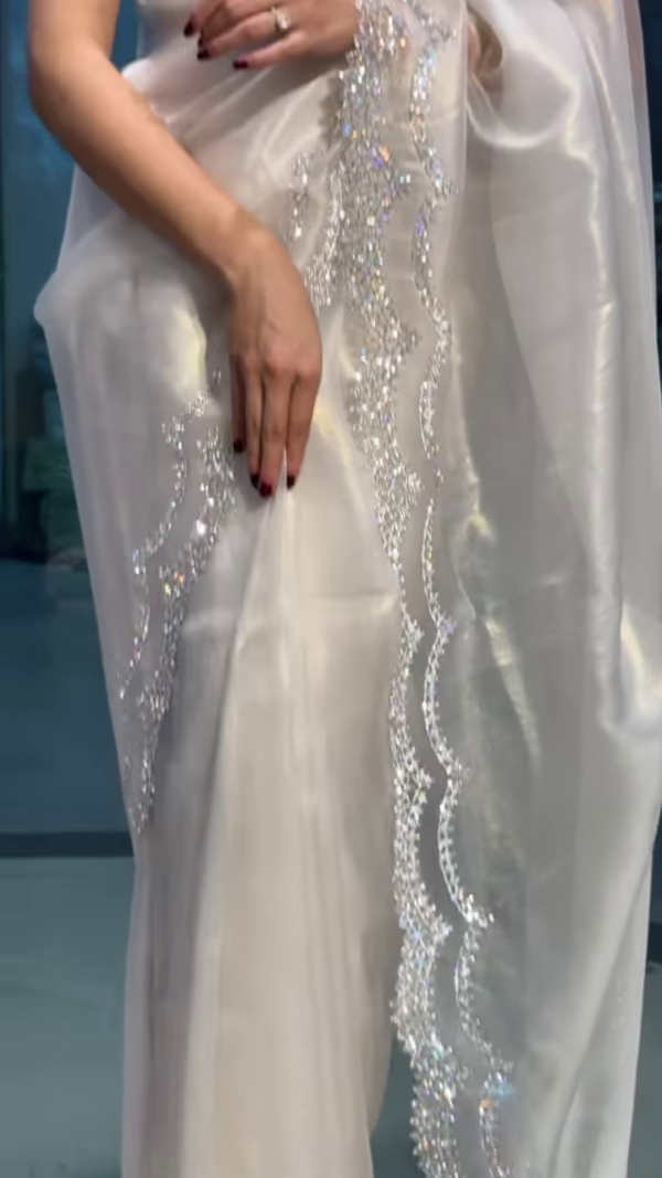 Moonlit Elegance: Pearl White Crystal-Embellished Designer Saree