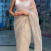 Moonlit Elegance: Pearl White Crystal-Embellished Designer Saree