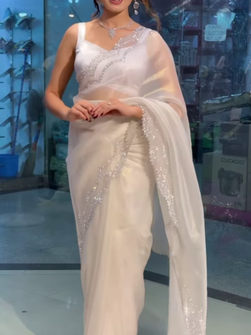 Moonlit Elegance: Pearl White Crystal-Embellished Designer Saree