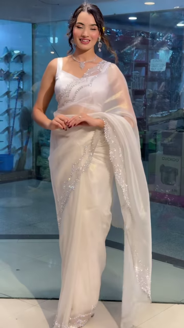 Moonlit Elegance: Pearl White Crystal-Embellished Designer Saree