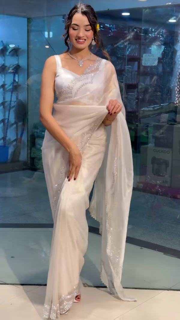 Moonlit Elegance: Pearl White Crystal-Embellished Designer Saree