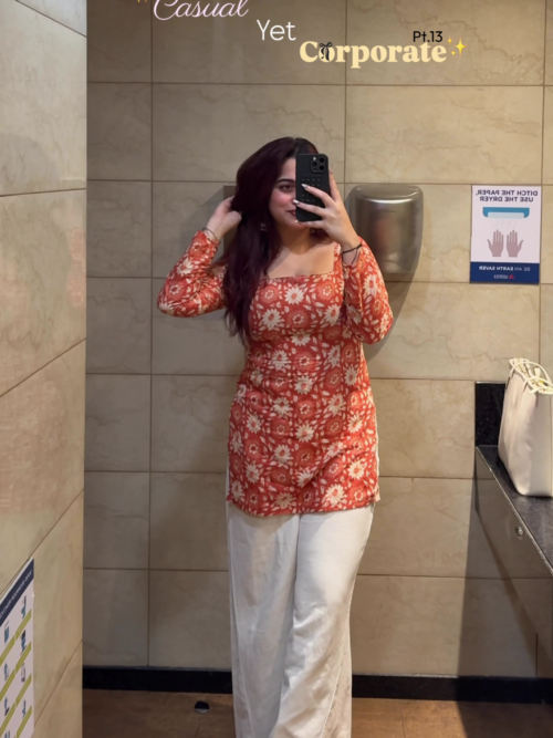 Women's Rust Orange Floral Kurti with White Pants Office Wear Outfit