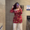 Women's Rust Orange Floral Kurti with White Pants Office Wear Outfit