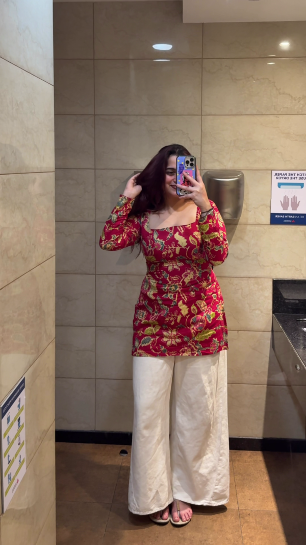 Women's Rust Orange Floral Kurti with White Pants Office Wear Outfit