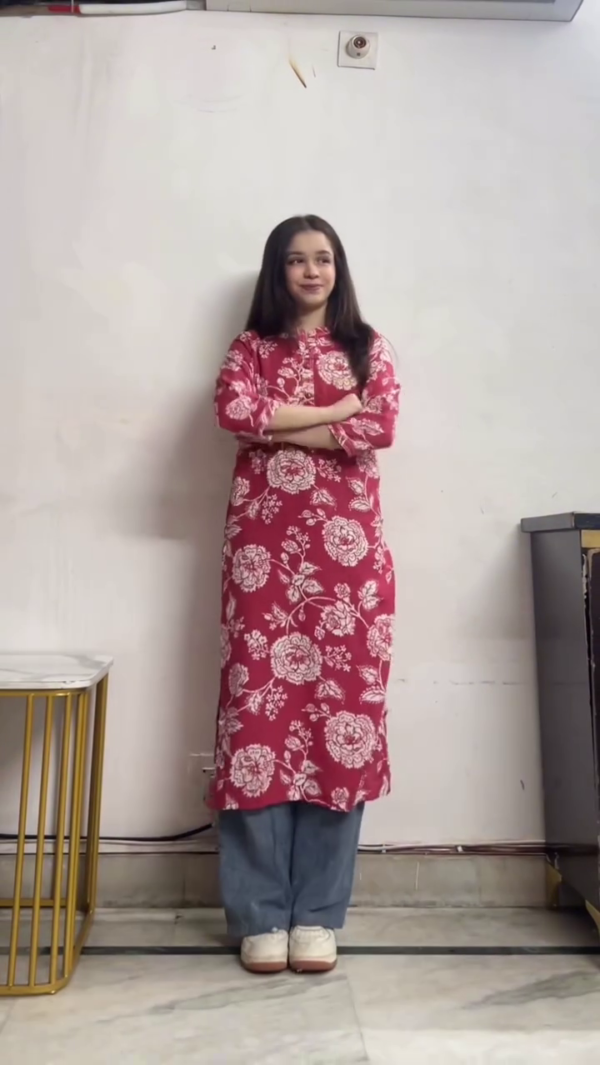 Women Red Floral Kurti with Denim Jeans Indo Western Casual Outfit
