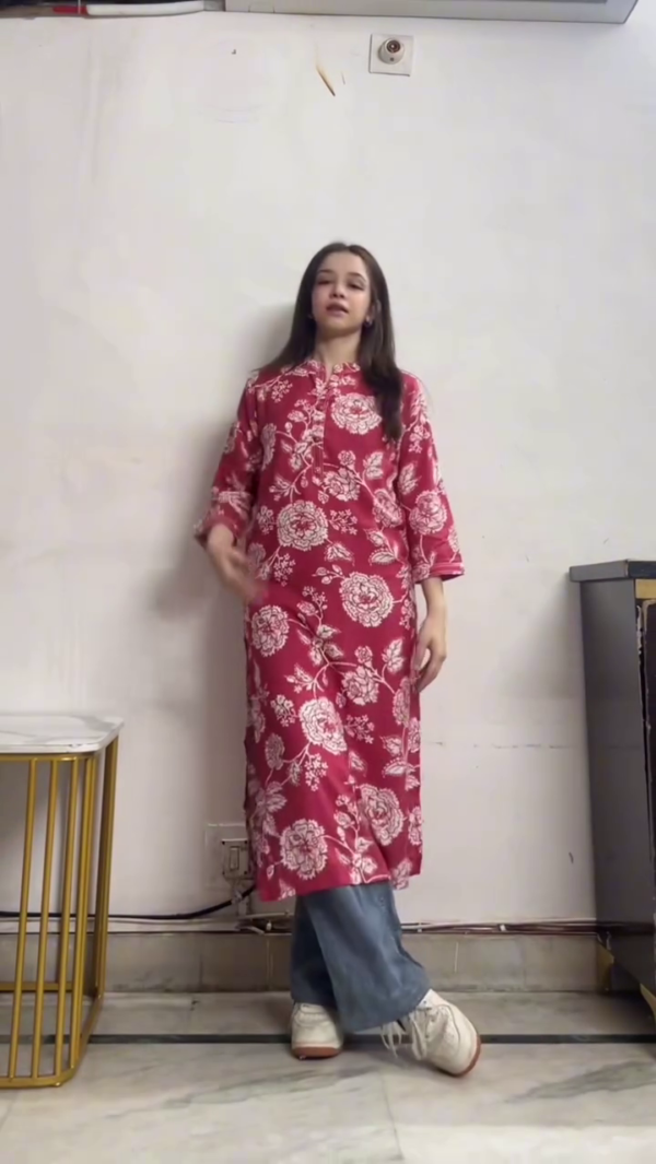 Women Red Floral Kurti with Denim Jeans Indo Western Casual Outfit