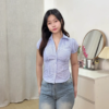 Women's Light Blue Striped Puff Sleeve Shirt with Denim Jeans Casual Outfit