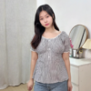Women's Light Blue Striped Puff Sleeve Shirt with Denim Jeans Casual Outfit