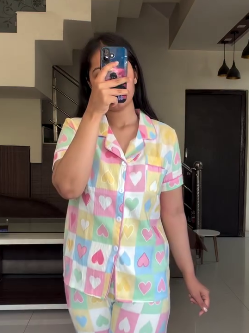 Cute Heart Printed Women Co-Ord Set Soft Night Suit Pajama Loungewear Set
